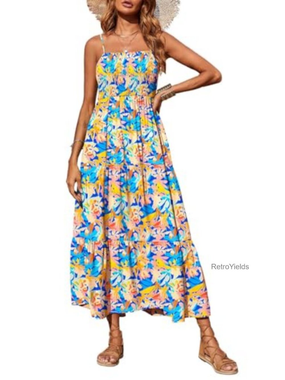 Women Summer Maxi Dress Spaghetti Strap Tiered Sundress